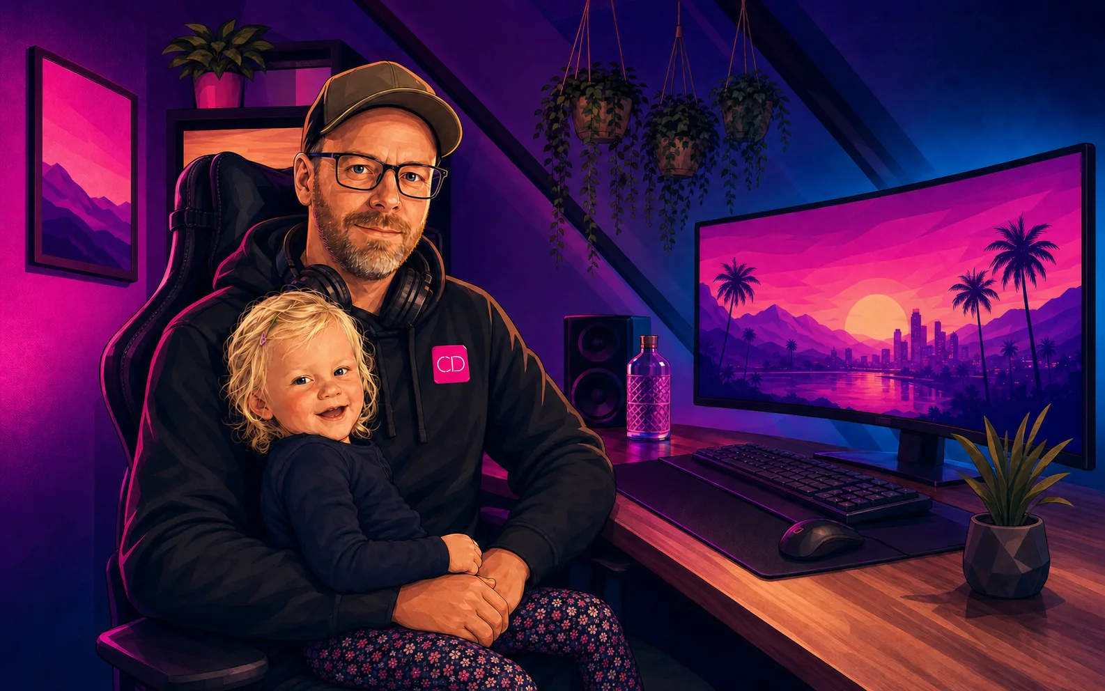 Illustrierter Chris Derix mit seiner Tochter an einem breiten Arbeitsplatz mit Curved-Monitor