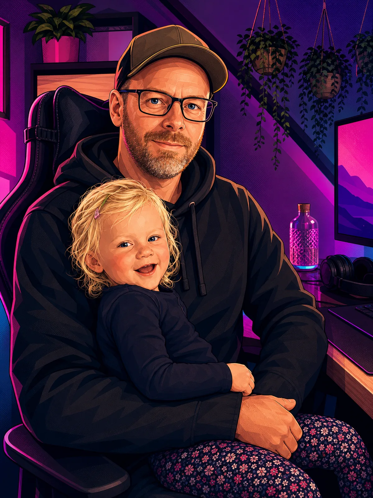 Illustrierter Avatar von Chris Derix mit seiner Tochter am Arbeitsplatz