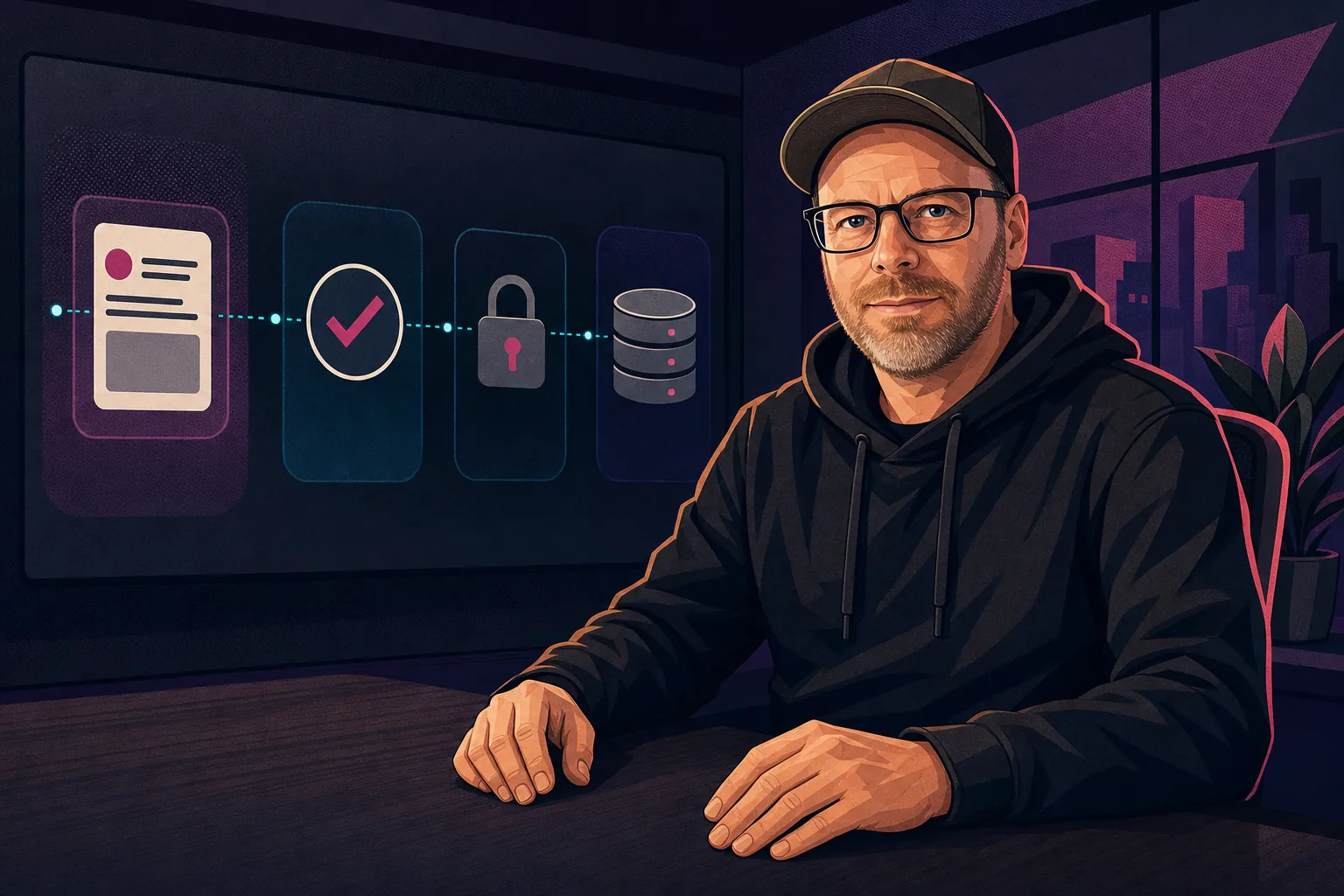 Illustrierter Chris Derix bei der technischen Prüfung von Datenflüssen, Einwilligungen und geschützter Ablage