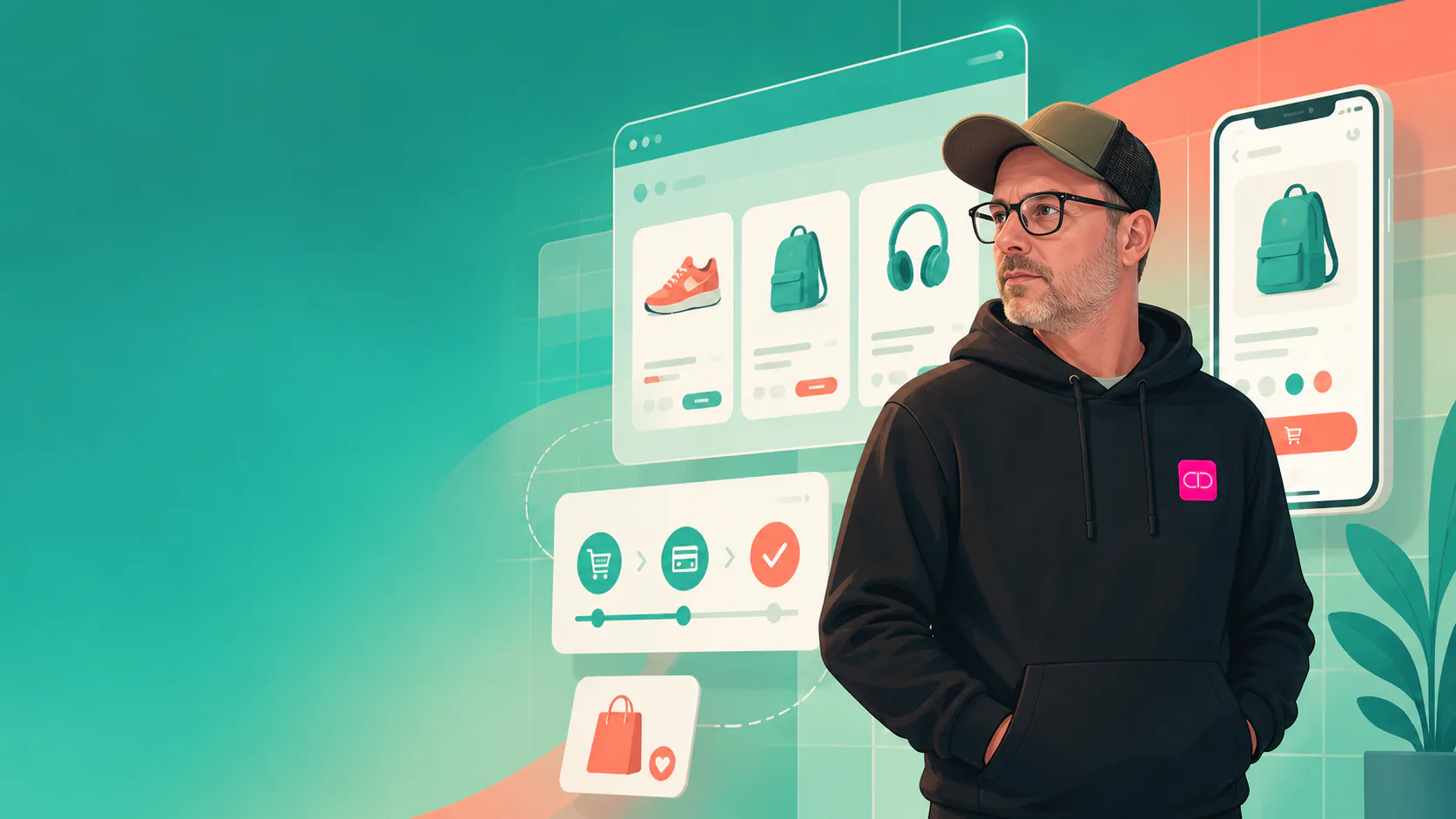 Illustration von Chris Derix bei der E-Commerce-Beratung mit Produktansicht, Shop-System und Kennzahlen