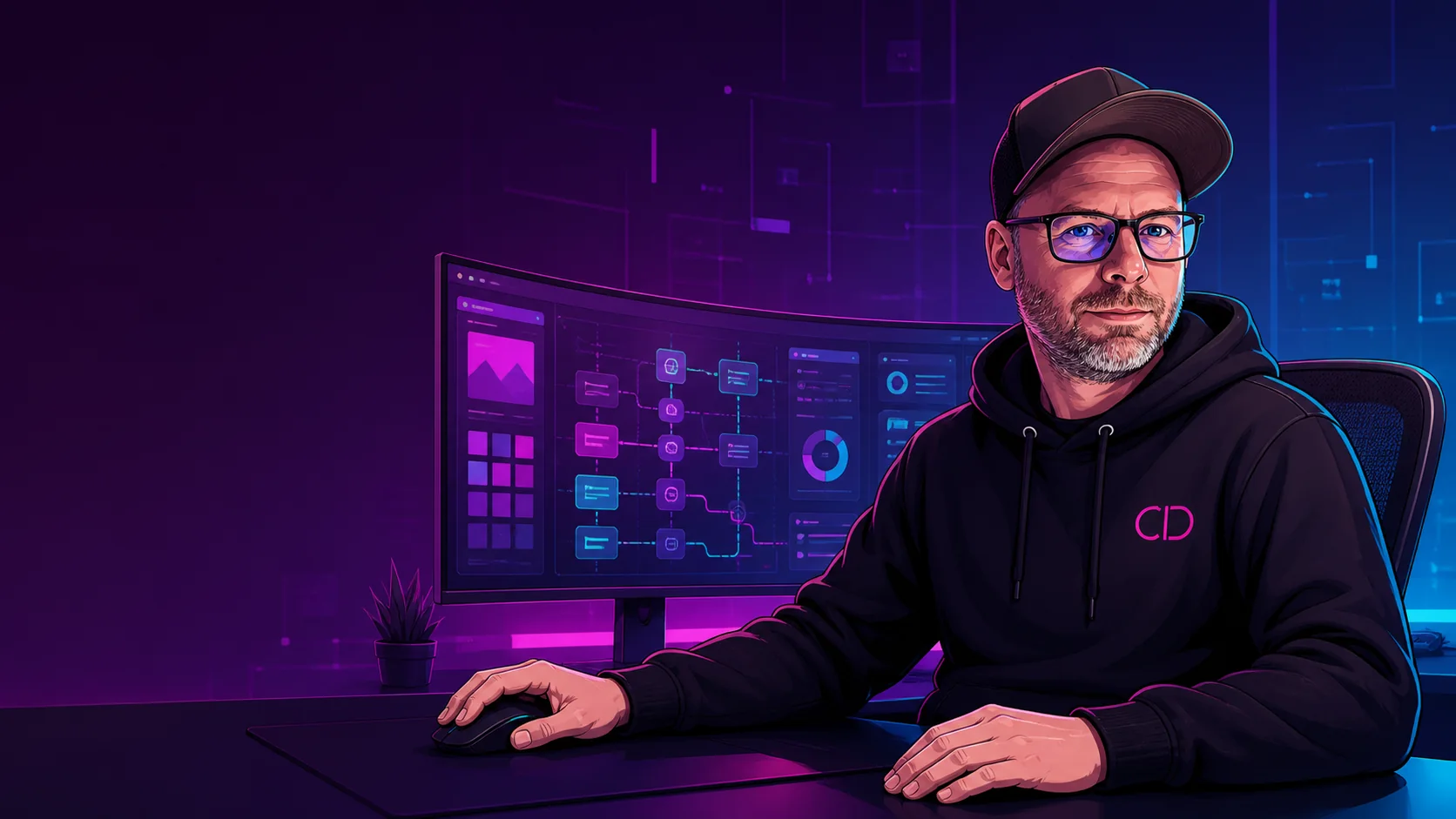 Illustration von Chris Derix an einem Arbeitsplatz mit vernetzten Website-, Schnittstellen- und Auswertungsmodulen