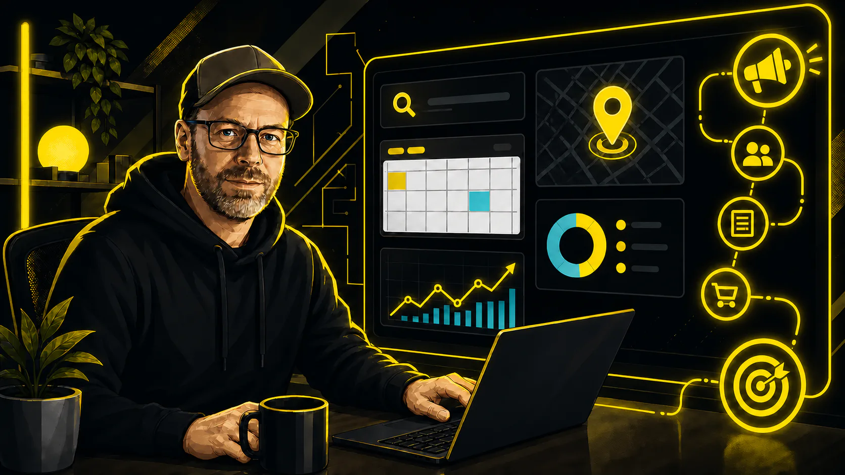 Illustrierter Chris Derix vor einem Online-Marketing-Dashboard mit Suchsymbol, Inhaltskalender, Standortkarte und Analysewerten