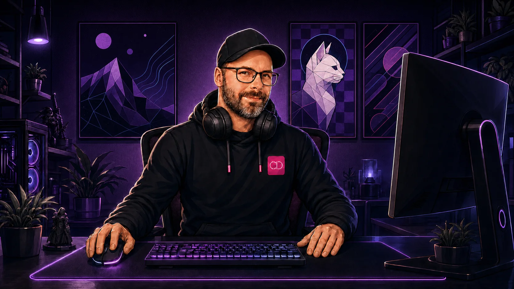 Illustrierter Chris Derix mit schwarzer Cappy und Brille an einem modernen Arbeitsplatz