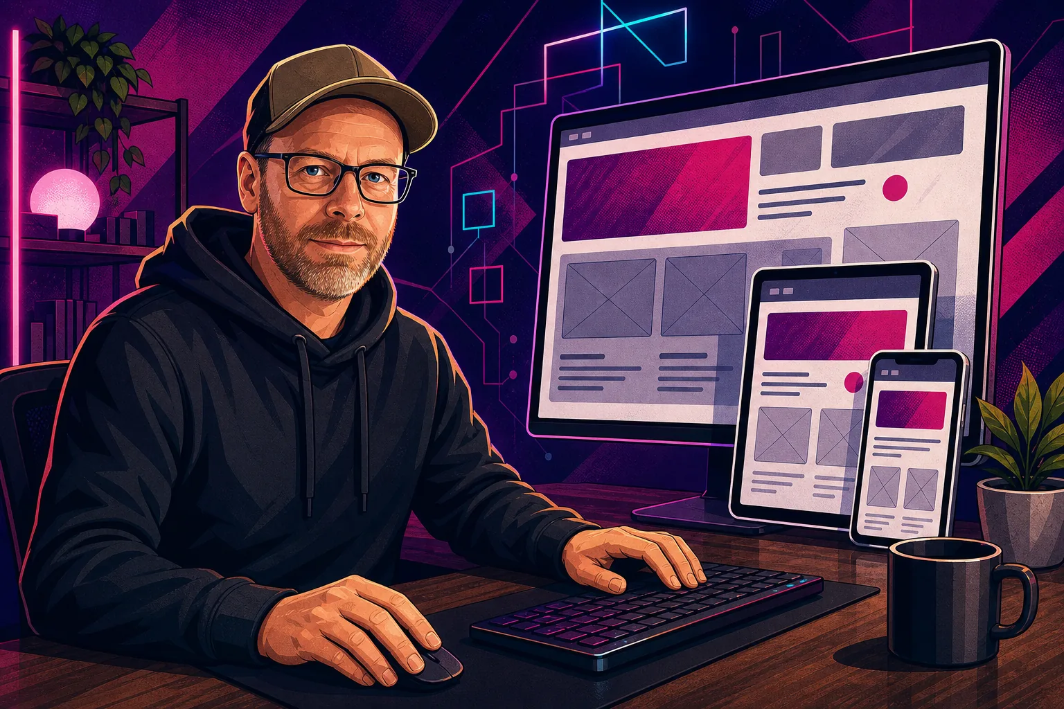 Illustration von Chris Derix vor responsiven Website-Entwürfen für Desktop, Tablet und Smartphone