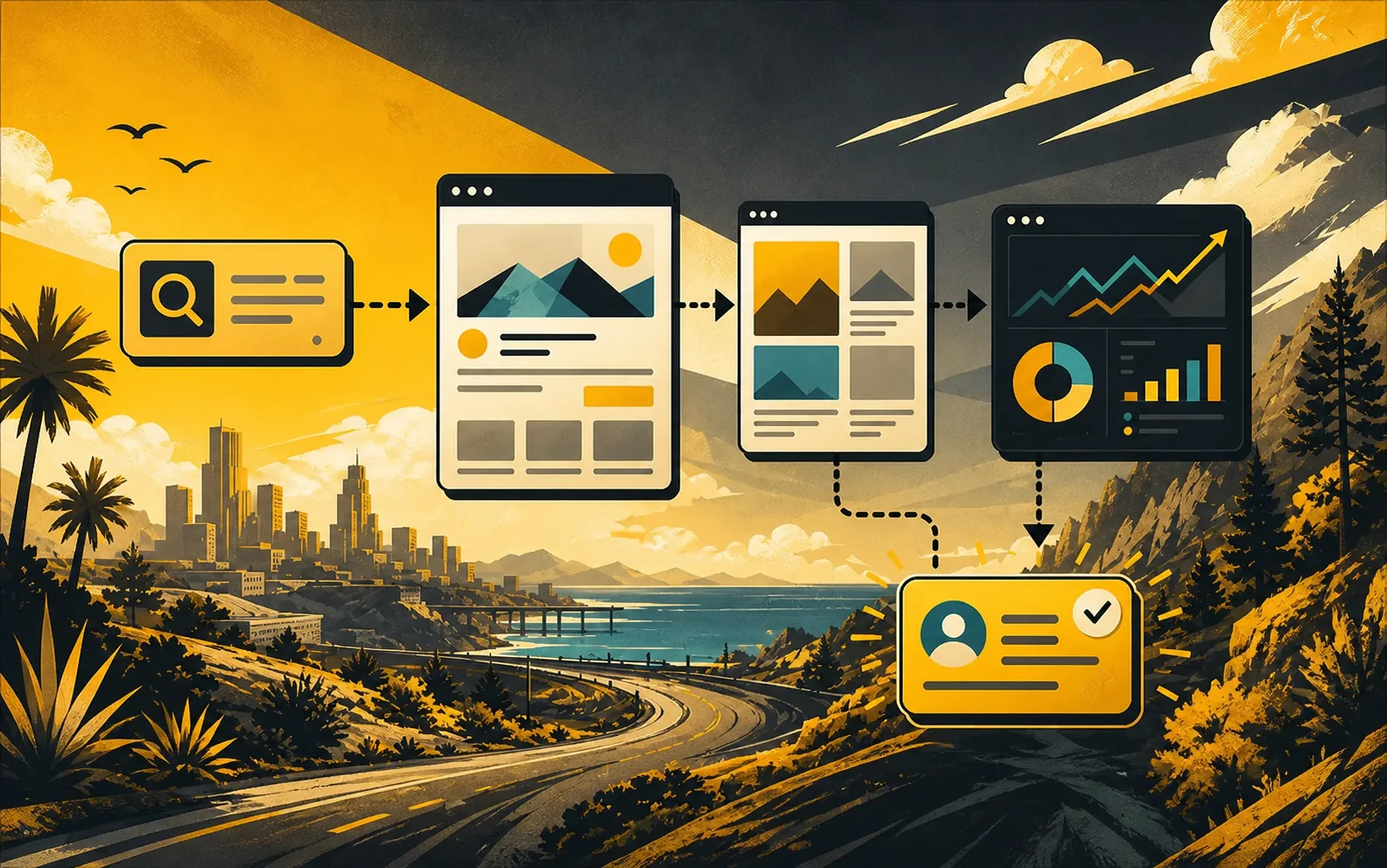 Illustration eines gelben Online-Marketing-Wegs von der Suche über Inhalte und Auswertung bis zur Anfrage