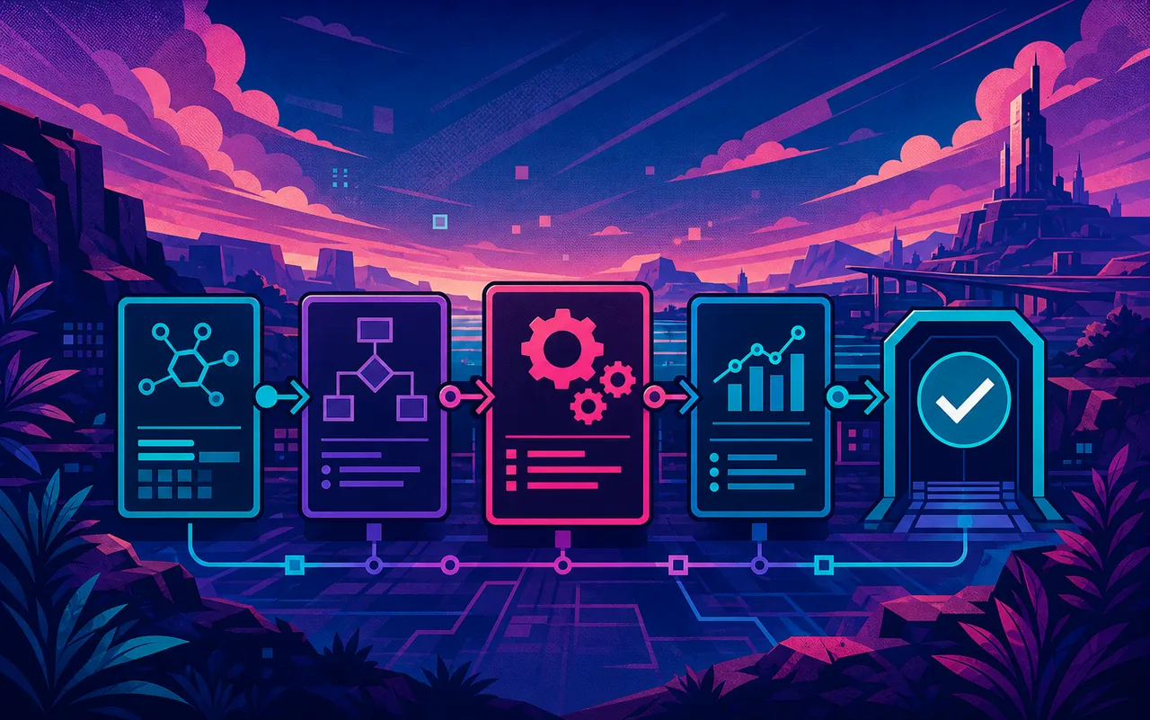 Illustration eines KI-Workshops: Chris Derix präsentiert einem Team einen gemeinsamen Prozess mit klarer Blickführung zum Präsentationsbereich