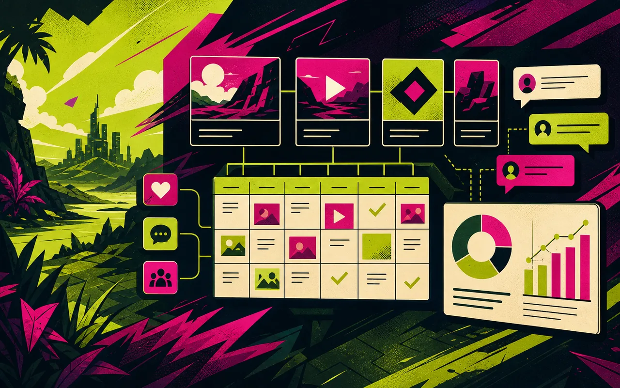 Illustration eines Social-Media-Redaktionssystems mit Themen, Kalender und Auswertung