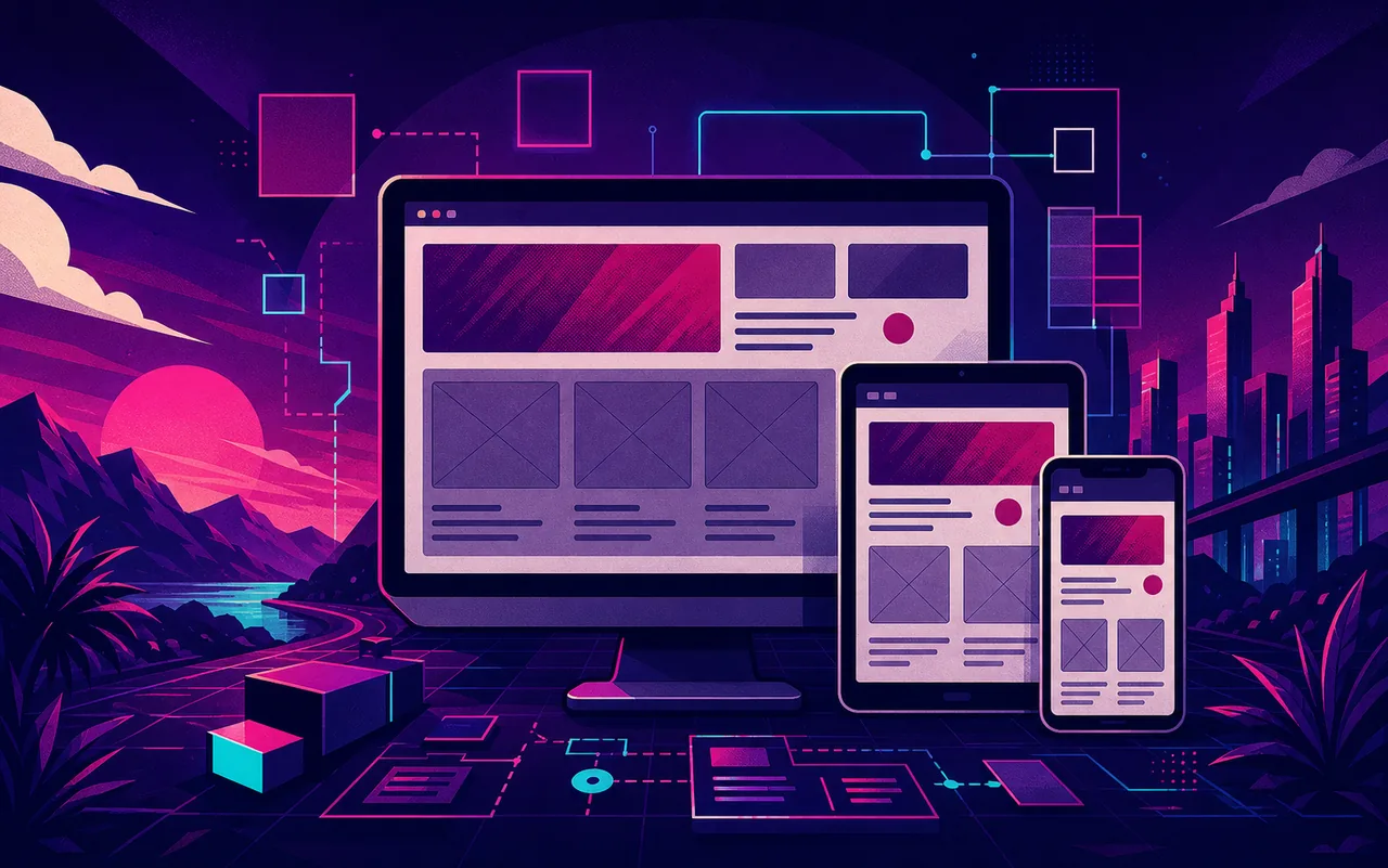 Illustration eines responsiven Website-Systems auf Desktop, Tablet und Smartphone